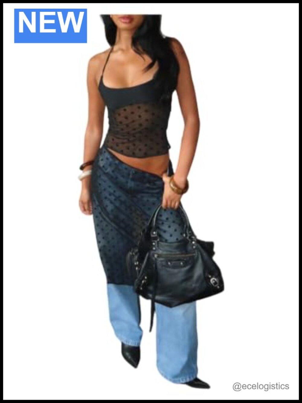 Sheer Mesh 2 Piece Set Y2K Polka Dots Halter Crop Top Midi Skirt Clubwear